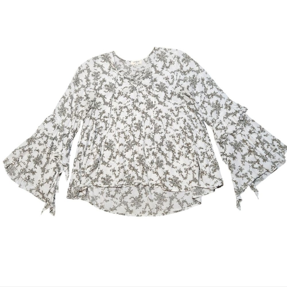 Umgee White Floral Bell Sleeve Top L Indie Boho Hippie Babydoll Flowy Lace Up